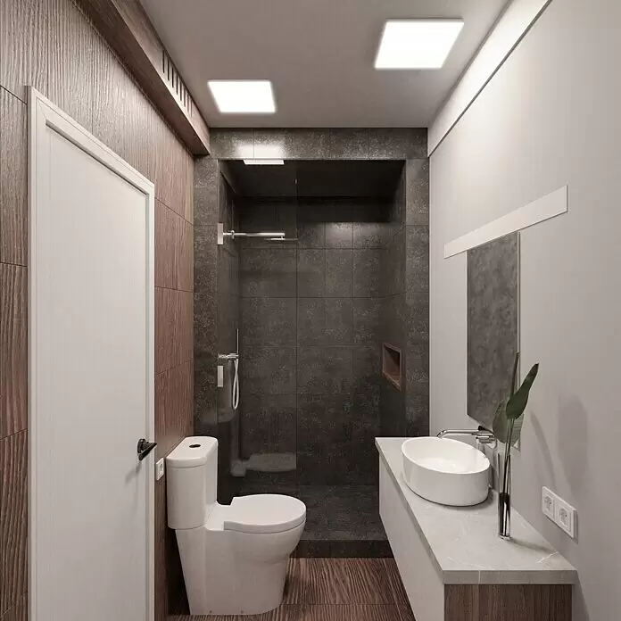 Ledvance SUN@Home LED-Panel Planon Frameless - 20 W, L x B x H: 30 x 30 x 6,1 cm, Weiß, Kaltweiß - Modernes Badezimmer mit WC, Duschkabine, Waschtisch und Waschbecken, ergänzt durch Holzverkleidung.