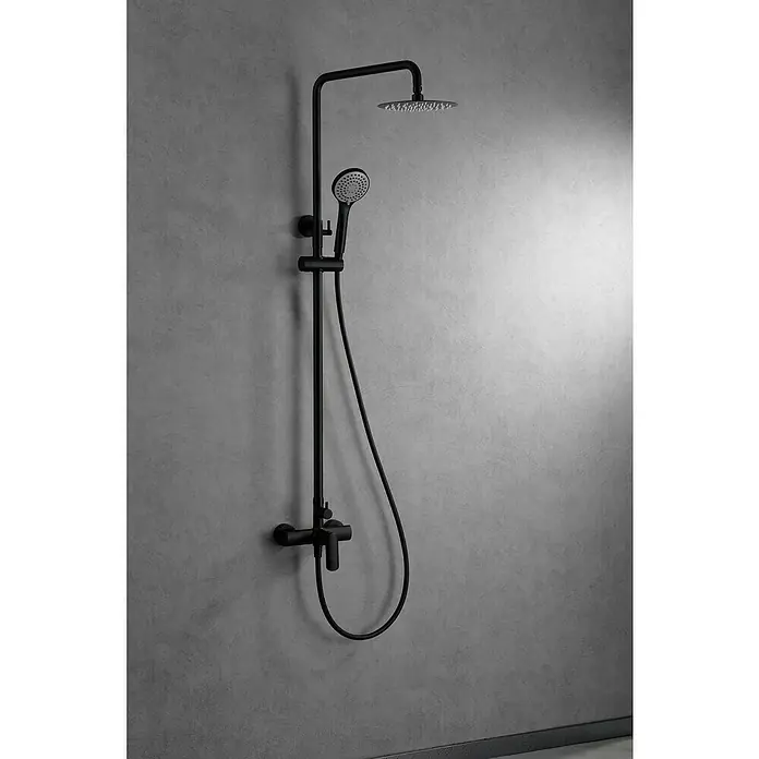 Imex Ural Sistema de ducha - Con grifo monomando, Negro - Grifería de ducha negra sobre pared gris.