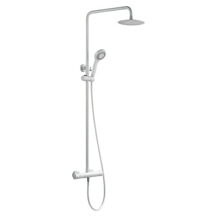 Imex Sistema de ducha Kent - Con grifo termostático, Blanco - Columna de ducha blanca con rociador superior y ducha de mano. Diseño elegante para baños modernos con control de temperatura preciso.