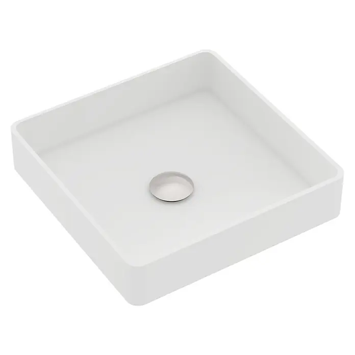 Lavabo de sobremesa Cronos - 37 x 37 cm, Acrílico, Blanco - Primer plano de un moderno lavabo sobre encimera cuadrado y blanco con un desagüe redondo plateado en el centro.