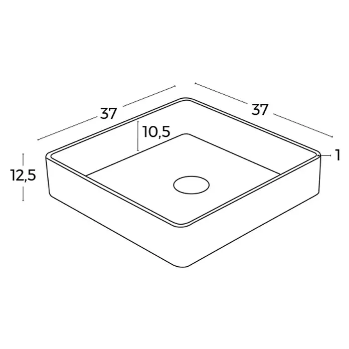 Lavabo de sobremesa Cronos - 37 x 37 cm, Acrílico, Blanco - Esquema de un lavabo sobre encimera cuadrado con dimensiones de ancho, alto y profundidad de la cubeta.