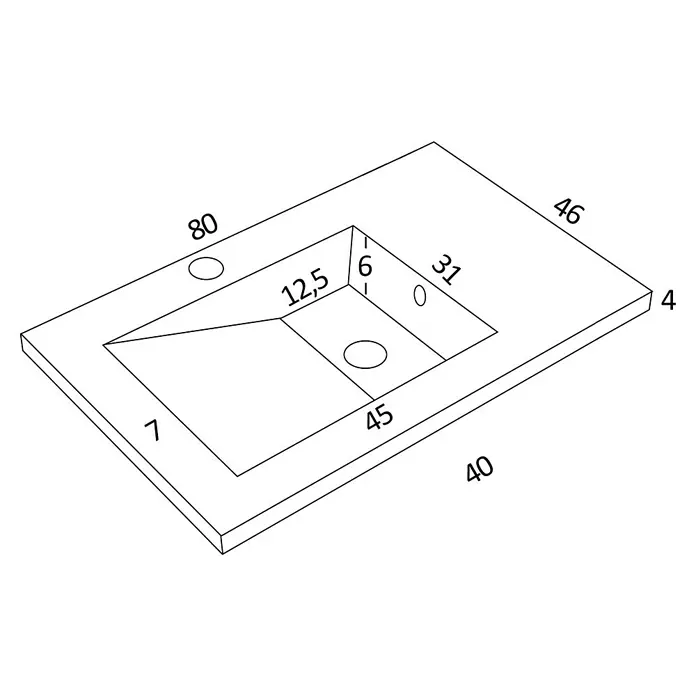 Lavabo Grecia - 80 x 46 cm, Con esmalte antibacteriano, Blanco - Ilustración de una losa de lavabo con lavabo insertado y diversas indicaciones de dimensiones.