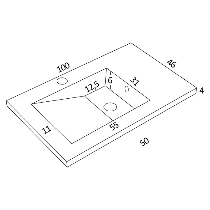 Lavabo Grecia - 100 x 46 cm, Con esmalte antibacteriano, Blanco - Vista isométrica de una moderna encimera de lavabo rectangular con lavabo integrado y medidas precisas.
