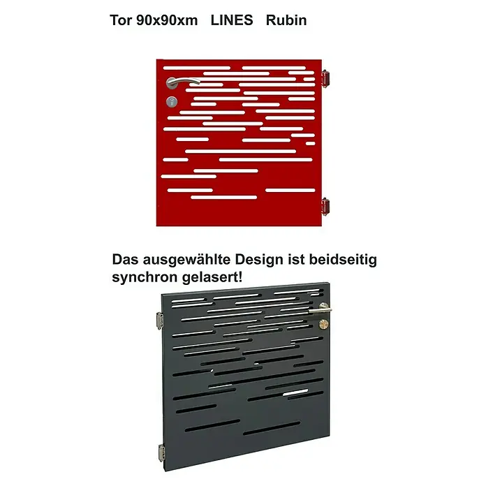 Gabio Zauntor Lines - 4,2 x 90 cm, Stahl, Rubinrot - Modernes Tor LINES Rubin 90x90xm mit horizontalem Liniendesign. Das Tor ist lasergeschnitten und beidseitig synchron gestaltet.