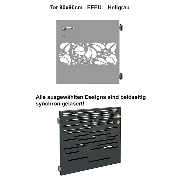 Gabio Zauntor Efeu - 4,2 x 90 cm, Stahl, Hellgrau - Zwei stilvolle Metalltüren mit unterschiedlichen Designs, eine mit floralen Mustern, die andere mit horizontalen Schlitzen, für einen modernen Touch.