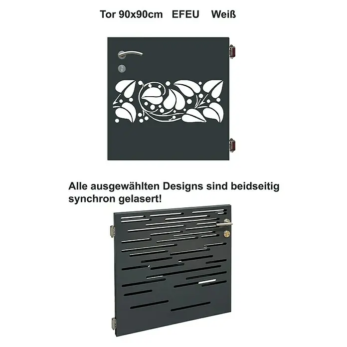 Gabio Zauntor Efeu - 4,2 x 90 cm, Stahl, Anthrazit - Gartentor aus Metall, Design EFUE, 90x90cm. Das Tor hat ein modernes Design und ist beidseitig synchron gelasert.