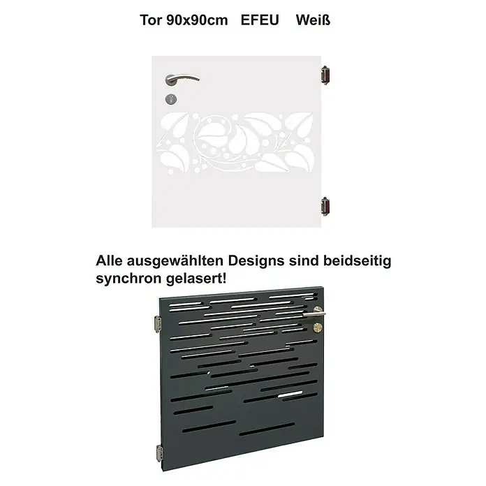 Gabio Zauntor Efeu - 4,2 x 90 cm, Stahl, Weiß - Produktabbildung von zwei Gartentoren mit unterschiedlichen Designs. Die Designs sind beidseitig synchron gelasert.