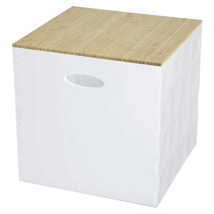 Aufbewahrungsbox Crystall - L x B x H: 31 x 31 x 30,5 cm, Kunststoff, Weiß, Mit Deckel - Bild eines weißen, faltbaren Aufbewahrungswürfels mit Bambusdeckel, ideal für die Organisation von Wohnräumen.