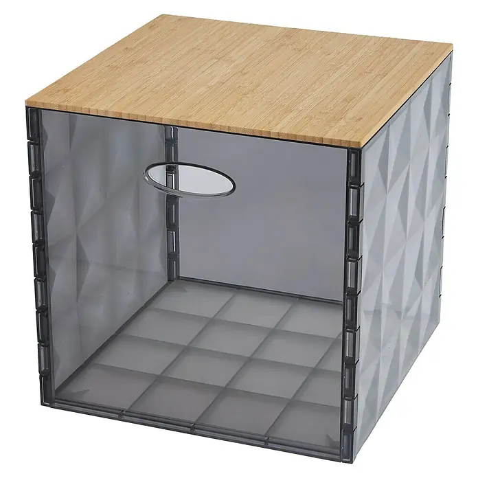 Aufbewahrungsbox Crystall - L x B x H: 31 x 31 x 30,5 cm, Kunststoff, Grau/Transparent, Mit Deckel - Ein quadratischer Organizer-Würfel mit geometrischem Muster und Holzdeckel, ideal für stilvolle Aufbewahrungslösungen im Haus.