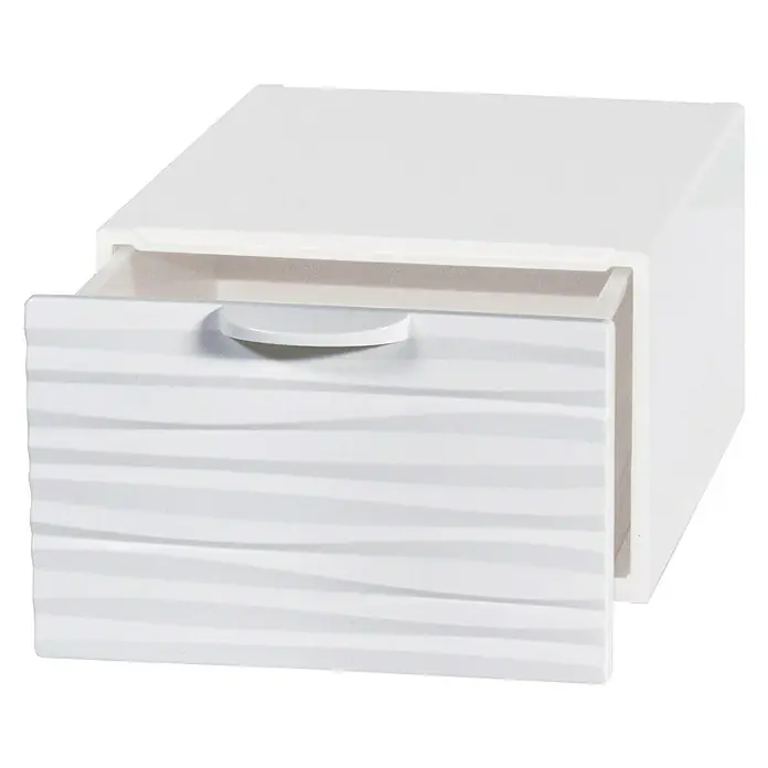 Schubladenbox QBox Wave Mini - L x B x H: 21 x 15,5 x 10,5 cm, Weiß, Anzahl Schubladen: 1 Stk. - Aufnahme eines weißen Nachttischs mit offener Schublade und rundem Griff, der sich perfekt in jedes moderne Schlafzimmer einfügt.