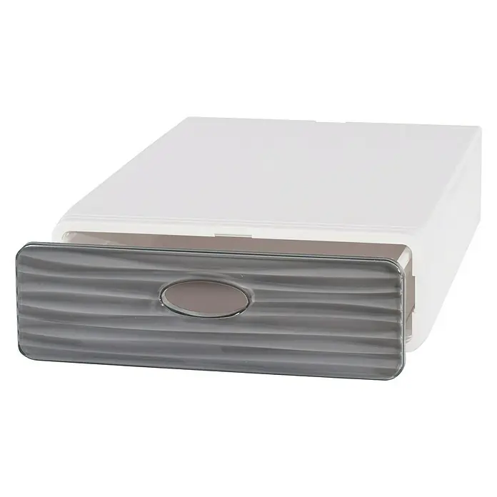Schubladenbox QBox Wave Slim - L x B x H: 40 x 28 x 9 cm, Grau, Anzahl Schubladen: 1 Stk. - Nahaufnahme einer weißen Schubladenbox mit durchsichtiger grauer Schublade und ovalem Griff.