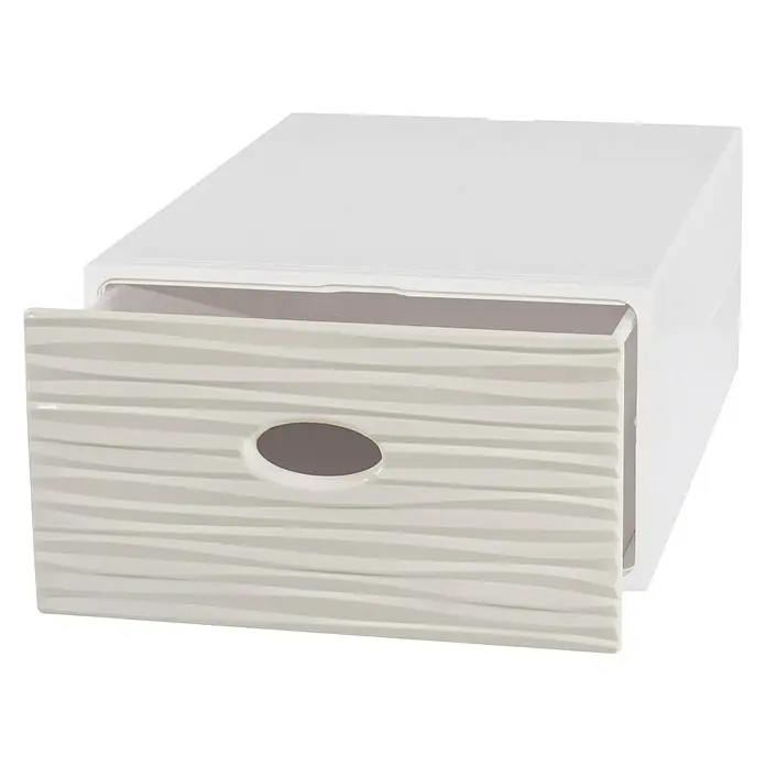 Schubladenbox QBox Wave Large - L x B x H: 40 x 28 x 15 cm, Sand, Anzahl Schubladen: 1 Stk. - Diese Abbildung zeigt eine weiße Schubladenbox mit einer Schublade, die ein ovales Loch hat. Das Gehäuse ist weiß und die Schublade ist hellbeige.