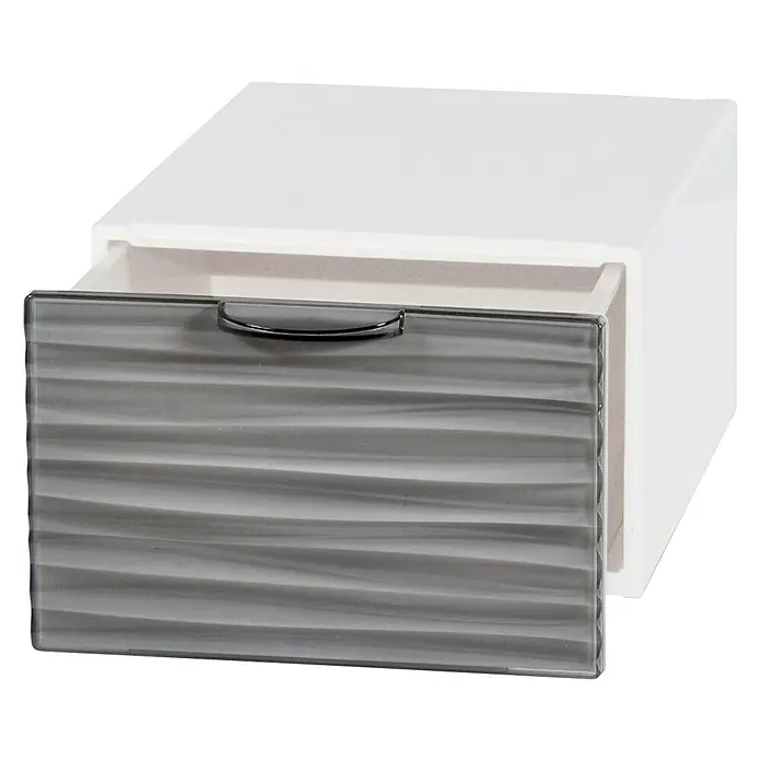 Schubladenbox QBox Wave Mini - L x B x H: 21 x 15,5 x 10,5 cm, Grau, Anzahl Schubladen: 1 Stk. - Schubladenbox mit grauer Schublade und silbernem Griff. Die Box ist aus weißem Material. Für mehr Stauraum.