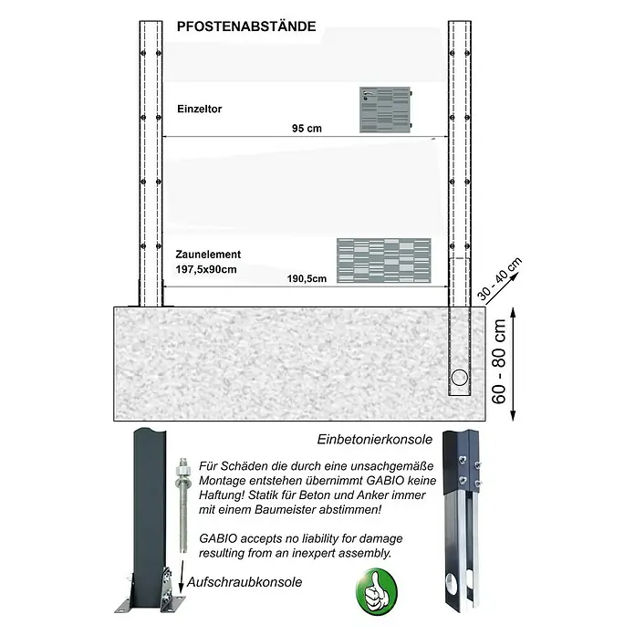 Gabio Konsole - Passend für: Gabiopfosten, 2,5 x 7,5 cm - Skizze einer Zaunanlage mit Pfostenabständen, Einzeltor und Zaunelement, sowie Details zur Einbetonier- und Aufschraubkonsole.