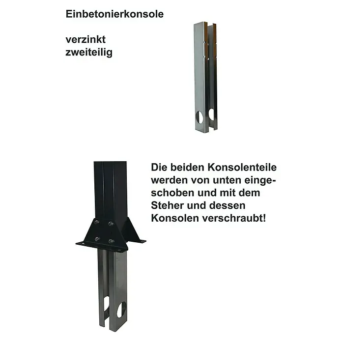 Gabio Konsole - Passend für: Gabiopfosten, 2,5 x 7,5 cm - Ein zweiteilige, verzinkte Einbetonierkonsole, die von unten eingeschoben und mit dem Steher verschraubt wird. Ideal für sichere Befestigungen.
