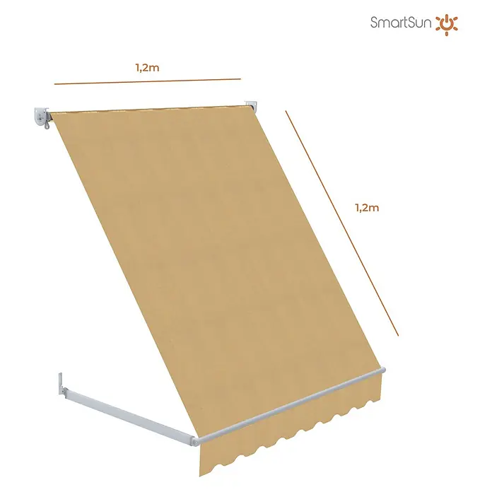 SmartSun Toldo ventana Essential - Beige Arena, Ancho: 1,2 m, Caída: 1,2 m - Imagen de un toldo beige montado en una pared, con una longitud de 1,2 metros.