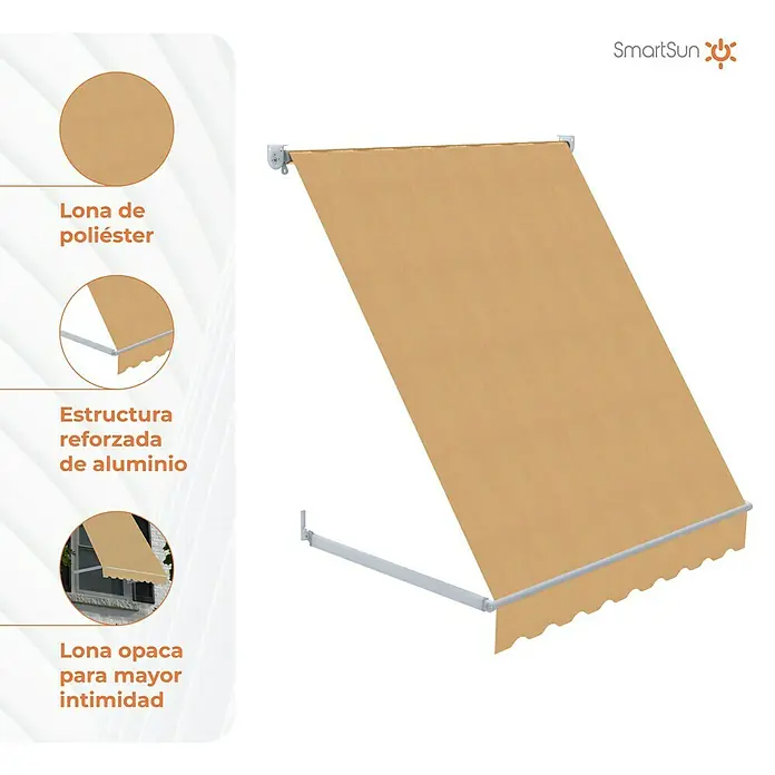 SmartSun Toldo ventana Essential - Beige Arena, Ancho: 1,2 m, Caída: 1,2 m - Imagen de un toldo de poliéster SmartSun con estructura de aluminio reforzada para mayor privacidad.