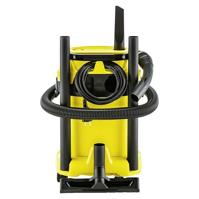 Kärcher Elektro-Nass- & Trockensauger WD 3 V-17/4/20 - 1.000 W, 17 l - Das Bild zeigt einen gelben Kärcher Nass-Trockensauger mit schwarzem Schlauch, Kabel und Zubehör. Ideal für die Reinigung im Haus.