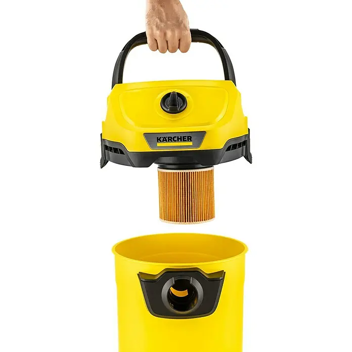Kärcher Elektro-Nass- & Trockensauger WD 3 V-17/4/20 - 1.000 W, 17 l - Ein gelber Kärcher-Staubsauger wird mit einem orangefarbenen Filter und einem Behälter zur Reinigung präsentiert.