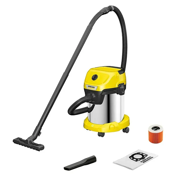 Kärcher Elektro-Nass- & Trockensauger WD 3 S V-17/4/20 - 1.000 W, Behältervolumen: 17 l - Abbildung eines Kärcher Mehrzwecksaugers in Gelb und Silber mit Zubehörteilen.