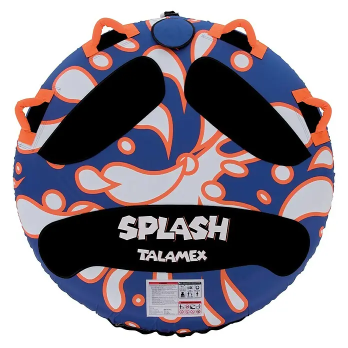 Talamex Funtube Splash - Durchmesser: 138 cm, Geeignet für: 1 Person, Schnellbefestigung - Dieses Bild zeigt eine runde, blaue SPLASH TALAMEX Wassersporttube mit Griffen und bunten Mustern. Ideal für Spaß im Wasser!