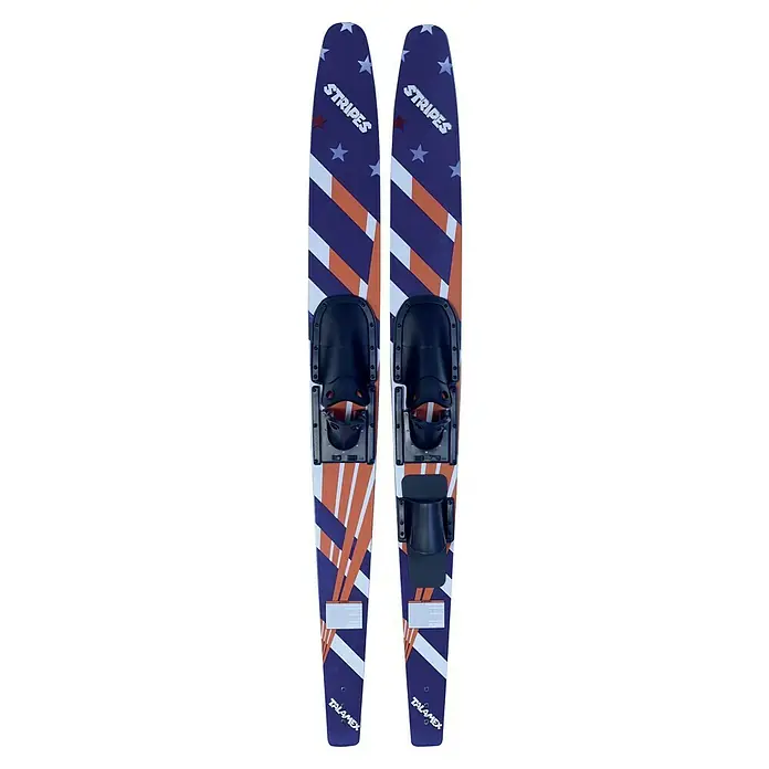 Talamex Wasserski Stripes - Länge: 170 cm, Blau/Weiß/Orange - Das Bild zeigt ein Paar Wasserski mit einem auffälligen Design aus Sternen und Streifen, ideal für Wassersportler, die Wert auf Stil und Leistung legen.