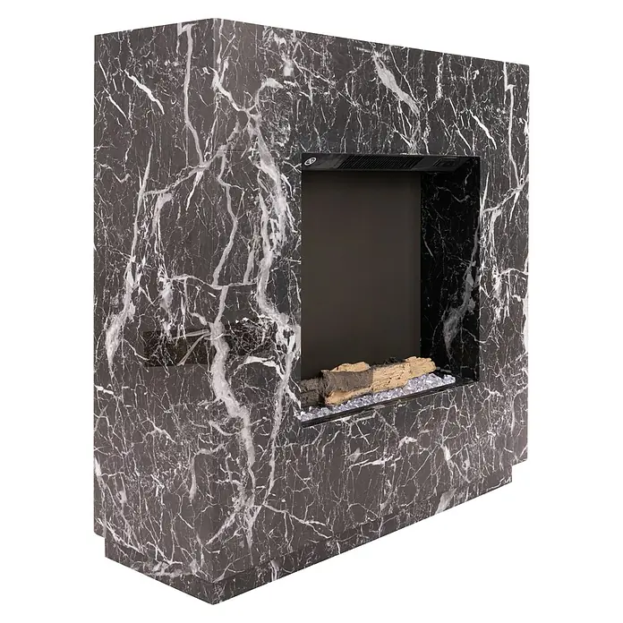 Voltomat HEATING Elektrischer Kamin Kalmar - Schwarz marmoriert, 26 x 80 x 76 cm - Elegante Marmor-Feuerstelle mit modernem Design und realistischen Holzscheit-Details. Ein stilvolles Highlight für jeden Wohnraum, das Wärme und Atmosphäre schafft.