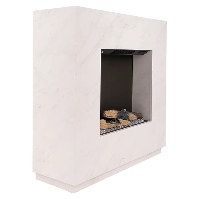 Voltomat HEATING Elektrischer Kamin Kalmar - Weiß marmoriert, 26 x 80 x 76 cm - Bild eines weißen Marmorkamins mit Holzscheiten und Kristallen. Der Kamin hat ein modernes, rechteckiges Design mit einem schwarzen Hintergrund.