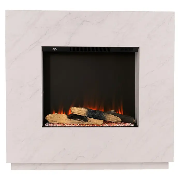 Voltomat HEATING Elektrischer Kamin Kalmar - Weiß marmoriert, 26 x 80 x 76 cm - Das Bild zeigt einen modernen elektrischen Kamin mit einem weißen Marmorrahmen und simulierten Holzscheiten für eine gemütliche Atmosphäre.