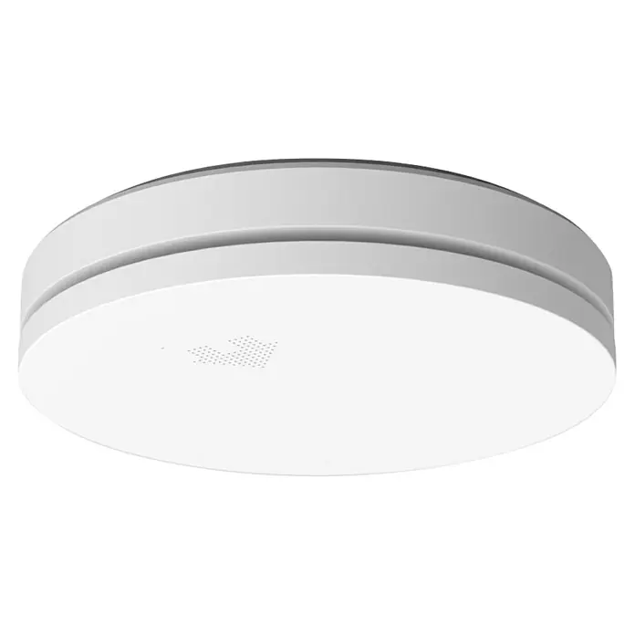 UniTEC Rauchwarnmelder Design - Durchmesser: 12,5 cm, Höhe: 2,5 mm, Alarmsignal: 85 dB, Weiß - Nahaufnahme eines runden, weißen Rauchmelders mit einem subtilen, punktförmigen Muster in der Mitte, ideal für die Sicherheit zu Hause.