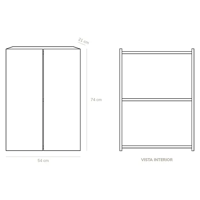 Artysan Armario colgante de baño Patri - L x An x Al: 21 x 54 x 74 cm, Antracita - Dibujo esquemático del armario con dimensiones 74 cm de alto, 54 cm de ancho y 21 cm de profundidad. Vista interior del armario con dos estantes.