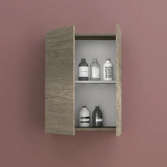 Artysan Armario colgante de baño Patri - L x An x Al: 21 x 54 x 74 cm, Nebraska - Un armario de baño abierto de madera con varios productos de cuidado como jabones y lociones.