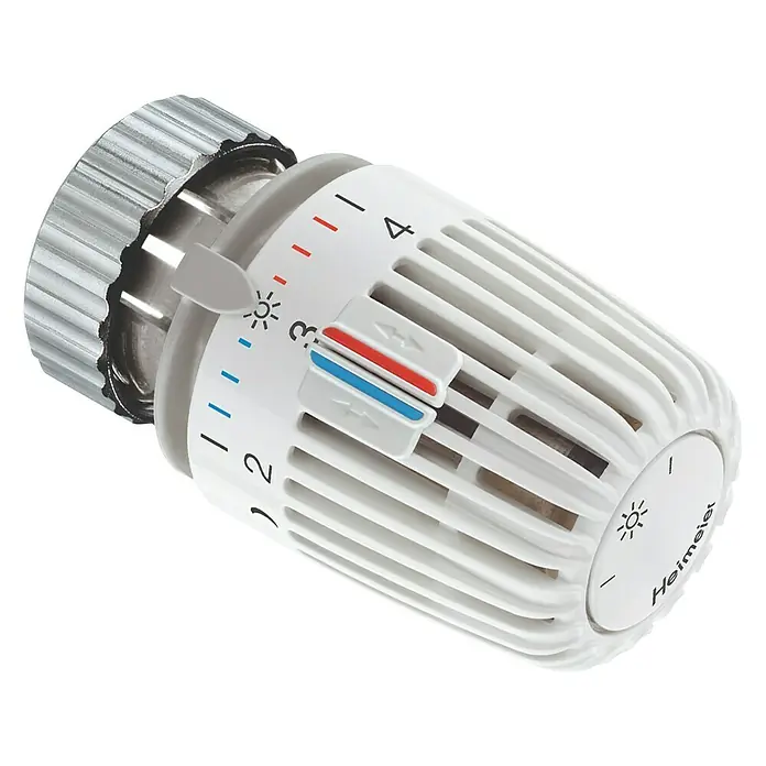 Heimeier Thermostatkopf F. - Weiß, M 30 - Nahaufnahme eines Heizkörperthermostats der Marke Heimeier mit einem Einstellbereich von 1 bis 4 für die Temperaturregelung.