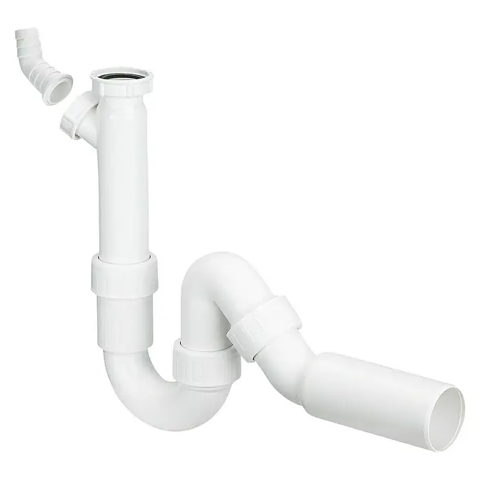 Viega Spültisch-Siphon - 1 ½″, DN 40, Kunststoff - Das Bild zeigt einen weißen Siphon mit mehreren Verbindungsstücken, typisch für Sanitärinstallationen unter Waschbecken.