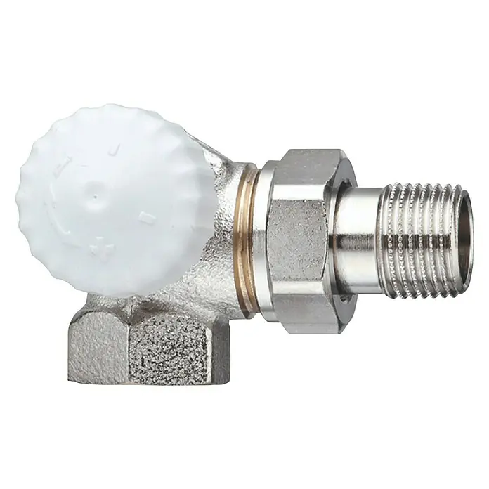 Heimeier Thermostatventil-Set V-exact II - ½″, Eckventil, Winkeleck Links - Nahaufnahme eines Heizkörperventils mit weißem Thermostatkopf und Gewindeanschlussstück. Ideal für Heizungsinstallationen und Wartung.