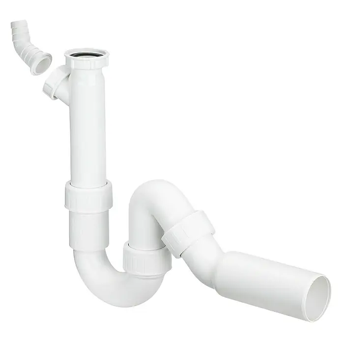 Viega Spültisch-Siphon - 1 ½″, DN 50, Kunststoff - Das Bild zeigt einen Siphon aus weißem Kunststoff mit diversen Verbindungselementen und einem zusätzlichen Winkelstück.