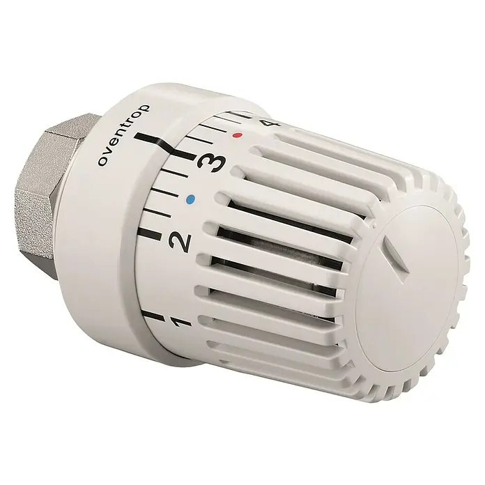 Oventrop Thermostatkopf Oventrop Uni LH - Weiß, M 30 - Nahaufnahme eines Oventrop Heizkörperthermostats mit den Einstellungen 1 bis 4, der auf einer schwarzen Oberfläche liegt.
