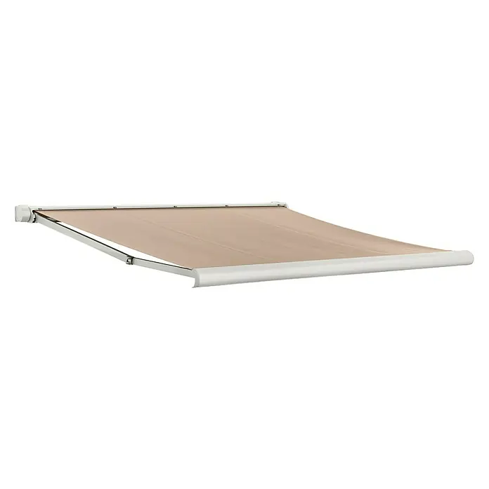Sunfun Vollkassettenmarkise Elba - Beige, Farbe Gestell: Verkehrsweiß, Breite: 3,5 m, Ausfall: 3 m - Elegante Markise in Beige und Weiß, ideal für Sonnenschutz auf Terrassen. Das stilvolle Design bietet Komfort und fügt sich nahtlos in jede Außenumgebung ein.
