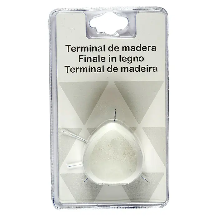 Tapa final Pauta - Blanco, 1 ud., Específico para: Barras para las cortinas de Ø 20 mm - Topes de madera empaquetados con la leyenda "Terminal de madera Finale in legno Terminal de madeira," ideales para reparar muebles o proyectos de bricolaje.