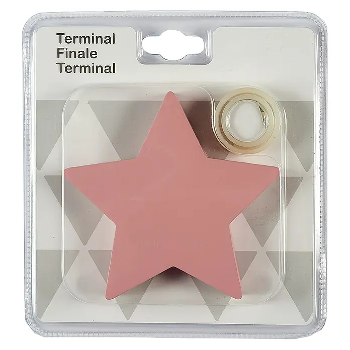 Tapa final Estrella - Rosa, 1 ud., Específico para: Barras para las cortinas de Ø 20 mm - Primer plano de una decoración de estrella rosa con la etiqueta "Terminal", empaquetada en plástico.