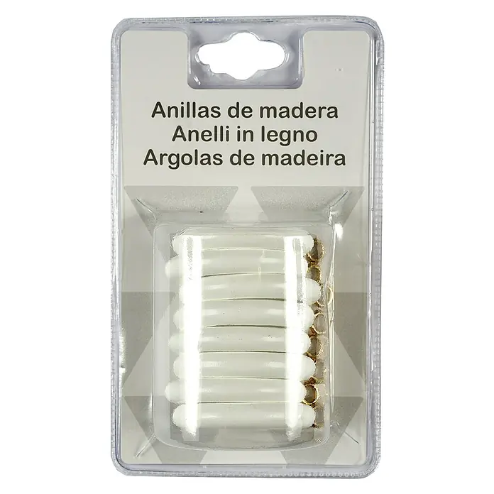 Anilla para cortinas Basic - Blanco, 8 ud., Diámetro: 20 mm - Imagen de un envase con anillas de madera recubiertas con un color blanco, la descripción del producto está escrita en varios idiomas.