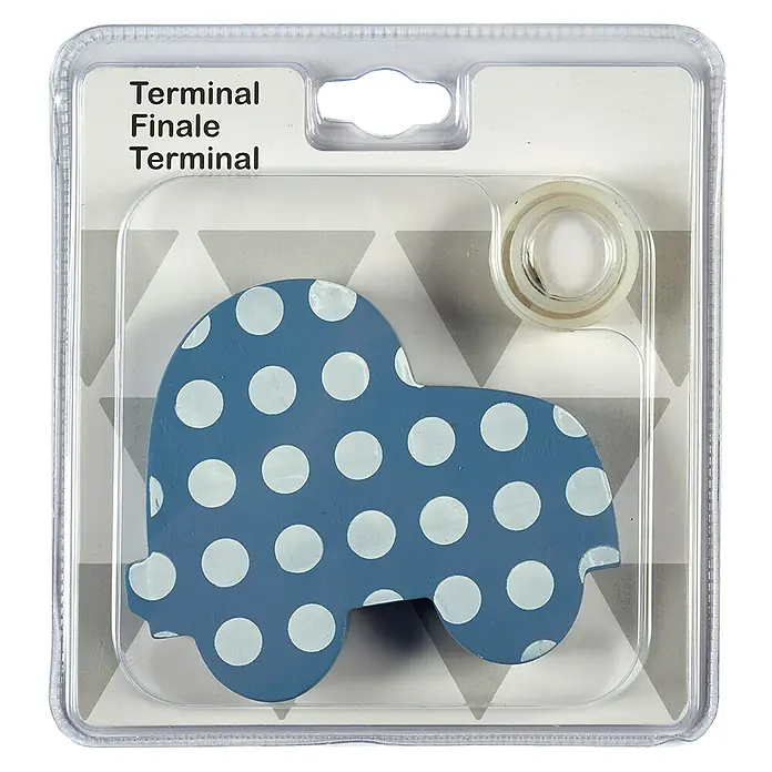 Tapa final Coche - Celeste/Blanco, 1 ud., Específico para: Barras para las cortinas de Ø 20 mm - Primer plano de un coche de juguete azul de lunares en un envase de plástico transparente con lengüeta para colgar.