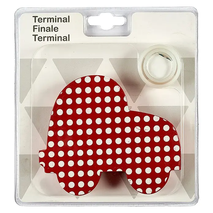 Tapa final Coche - Rojo/Blanco, 1 ud., Específico para: Barras para las cortinas de Ø 20 mm - Un imán de nevera rojo con forma de coche de juguete con puntos blancos en un embalaje transparente.
