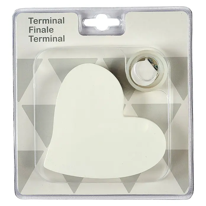 Tapa final Corazón - Blanco, 1 ud., Específico para: Barras para las cortinas de Ø 20 mm - Un tope de puerta en forma de corazón en un paquete transparente etiquetado como "Terminal Finale Terminal".