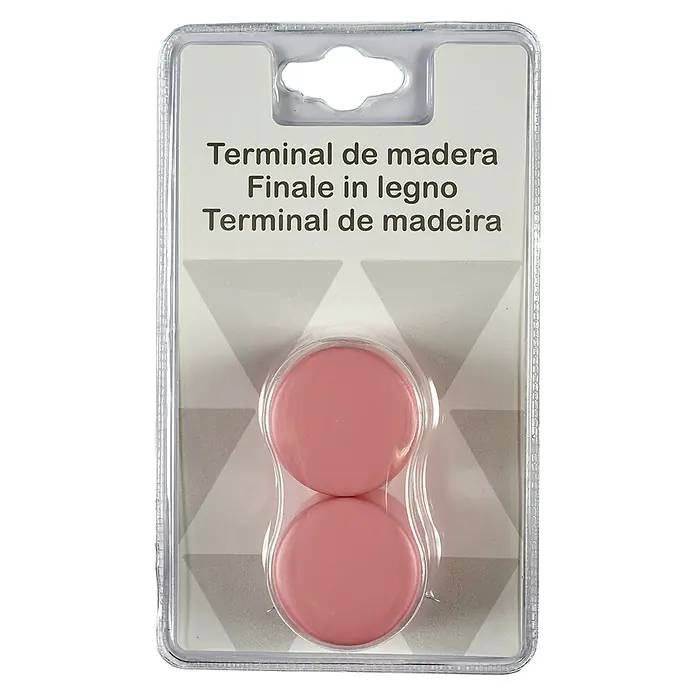 Tapones terminales Basic - Rosa, 2 ud. - Primer plano de extremos de madera en un embalaje transparente, que incluye tres idiomas: español, italiano y español.