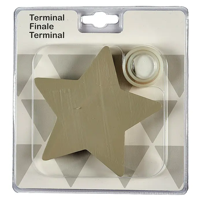 Tapa final Estrella - Piedra, 1 ud., Específico para: Barras para las cortinas de Ø 20 mm - Tope de puerta de estrella gris en un embalaje transparente con el texto "Terminal Finale Terminal" y un patrón de triángulo gris de fondo.
