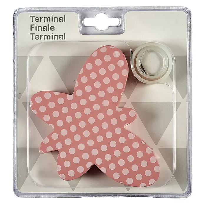 Tapa final Mariposa - Rosa/Blanco, 1 ud., Específico para: Barras para las cortinas de Ø 20 mm - Mariposa rosa en paquete. Mariposa rosa con puntos y tira adhesiva para sujetarla en un embalaje de plástico transparente.