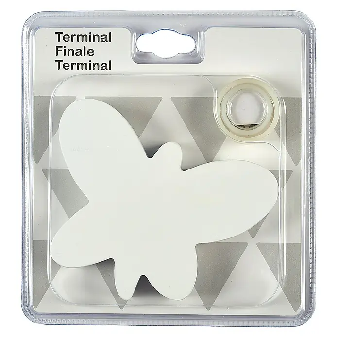 Tapa final Mariposa - Blanco, 1 ud., Específico para: Barras para las cortinas de Ø 20 mm - Decoración blanca con forma de polilla con cinta adhesiva en embalaje transparente, ideal para manualidades.