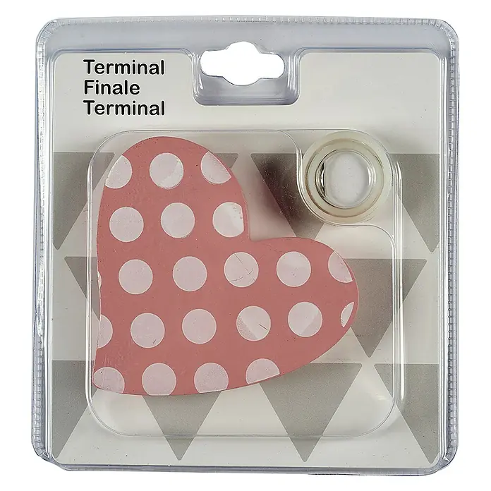 Tapa final Corazón - Rosa/Blanco, 1 ud., Específico para: Barras para las cortinas de Ø 20 mm - Primer plano de un embalaje con un corazón rosa con lunares blancos, etiquetado como "Terminal", y un anillo transparente.