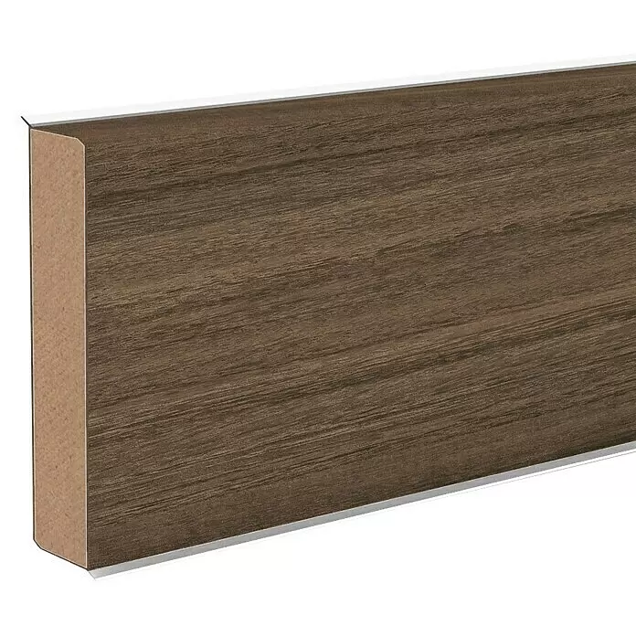 Sockelleiste XL Nitens - 250 cm x 18 mm x 60 mm, MDF/HDF - Dunkelbraune Sockelleiste in Holzoptik mit MDF-Kern und leichter Oberkante.